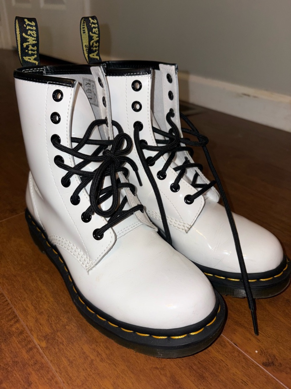 Dr. Martens White Leather Lace-Up Combat Boots with Black Laces